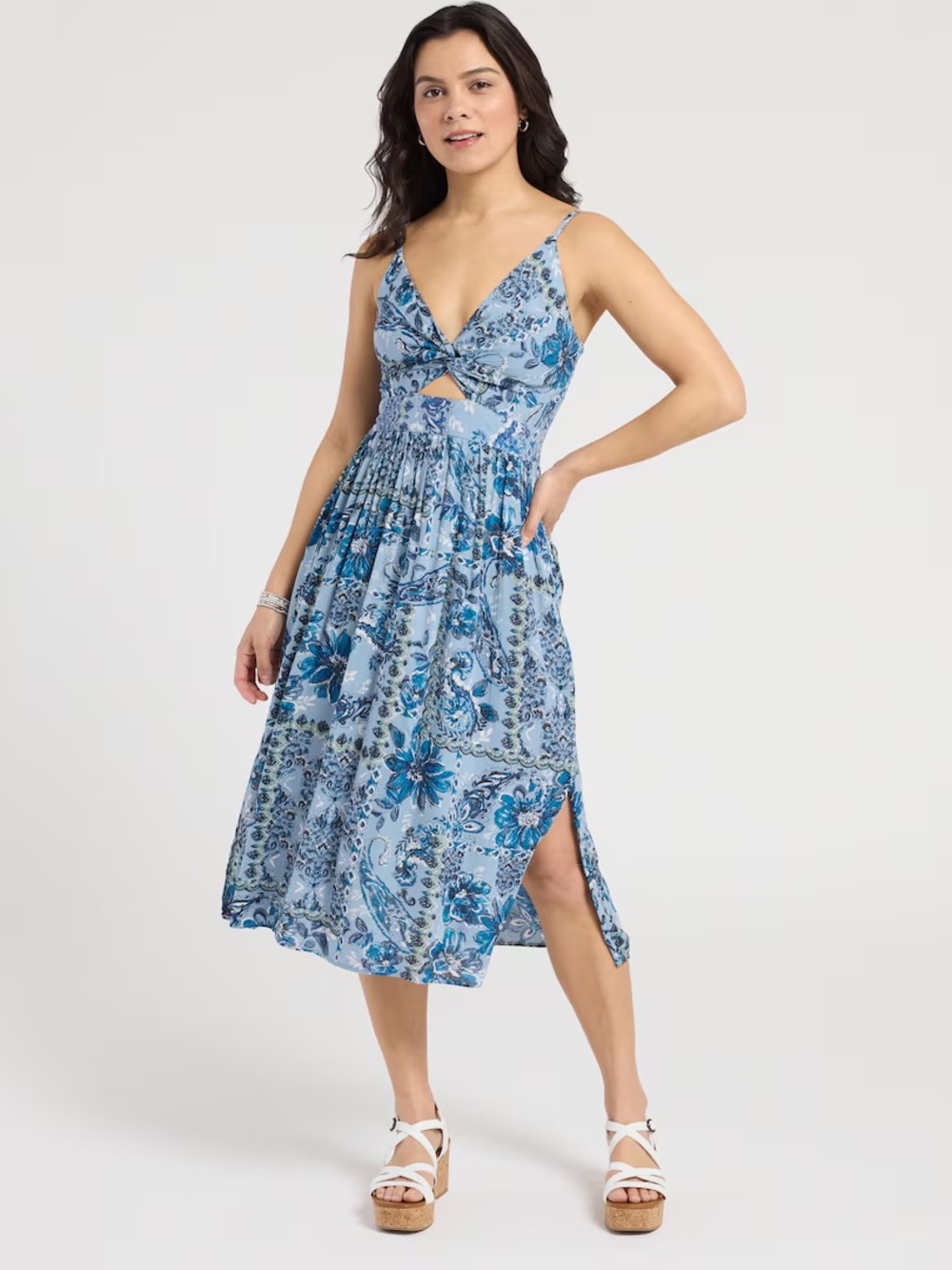 Angie Blue and Cream Leaf-Print Maxi Dress